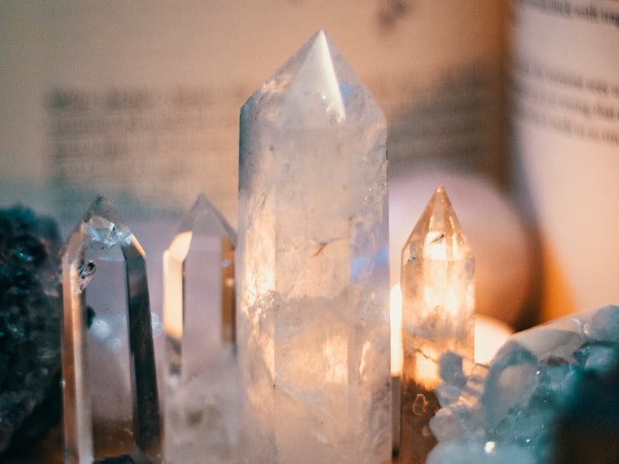 crystals on wooden table